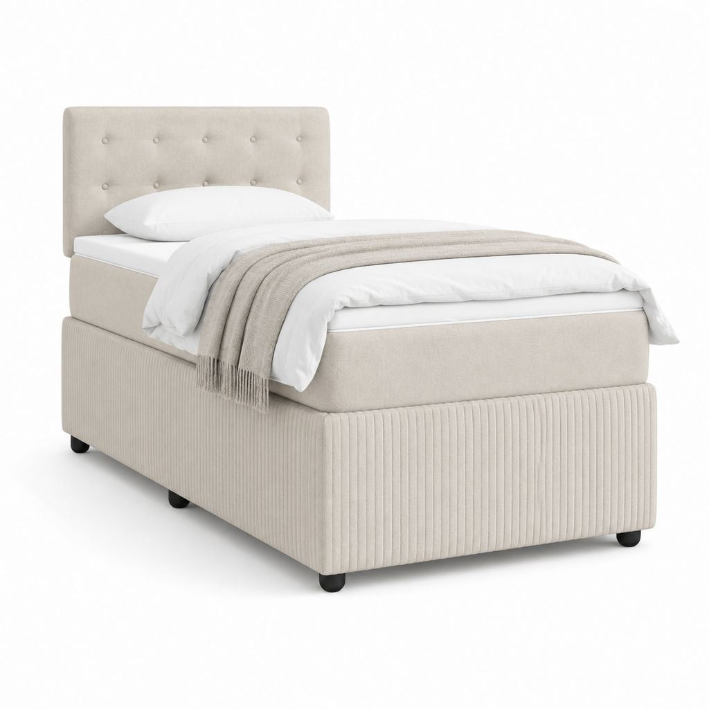 Lit simple tapissé beige en polyester avec tête de lit capitonnée 90 x 190 cm