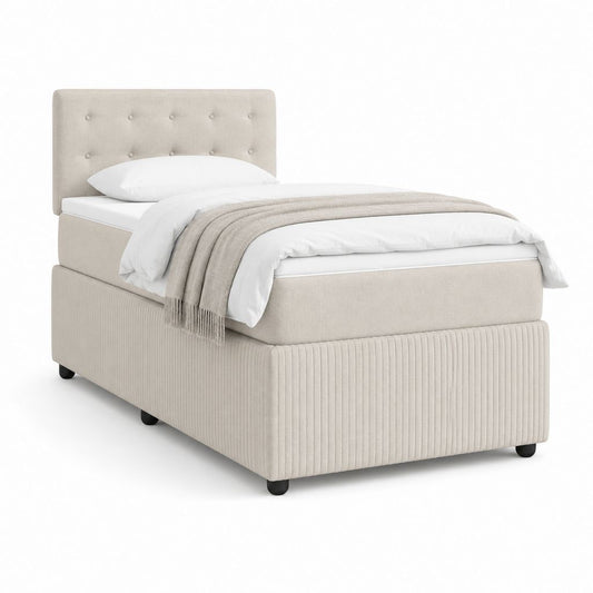 Lit simple tapissé beige en polyester avec tête de lit capitonnée 90 x 190 cm