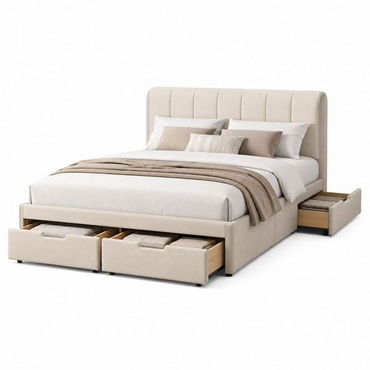 Lit coffre 160 x 200 cm beige en polyester avec tête de lit capitonnée et 3 tiroirs